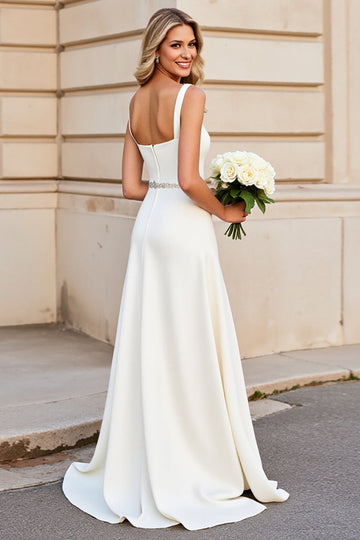 Ivory Satin Square Neck Sweep Train A Line Wedding Dress with Belt